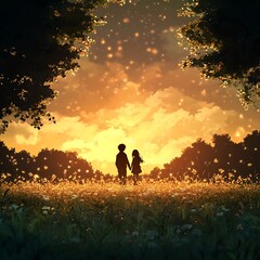 Fototapeta premium anime love couple standing in flower field with soft sunlight