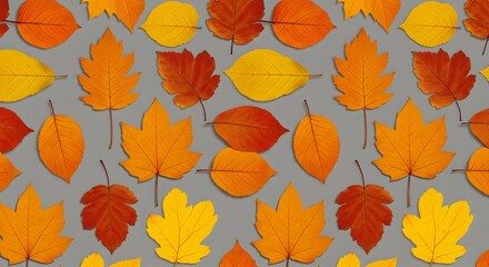 A repeating design of autumn leaves in shades of orange, yellow, and red