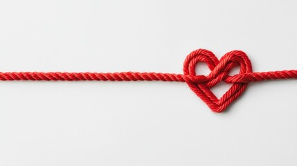 Red rope with a heart shaped knot isolated on white background