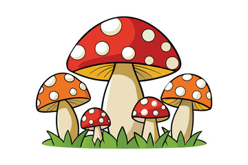 A colorful illustration of fly mushrooms and toadstools in a grassy autumn forest with vibrant red caps, showcasing a whimsical, cartoon-like style of nature and fungi