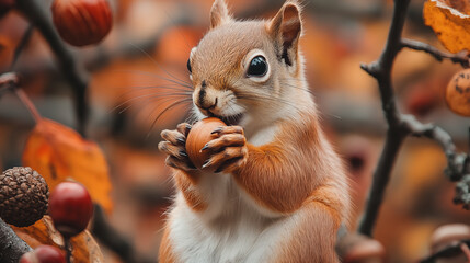 Fototapeta premium Cute squirrel with nut on autumn leaves background, close-up