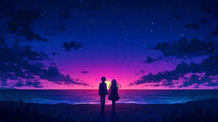 Obraz premium anime love romantic evening walk on beach at sunset