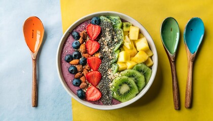 Delicious acai bowl with fresh fruits and colorful spoons for a vibrant breakfast