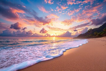 Stunning sunset over a sandy beach with pink clouds, ocean waves, and distant palm trees. Warm hues create a serene tropical concept. Ai generative