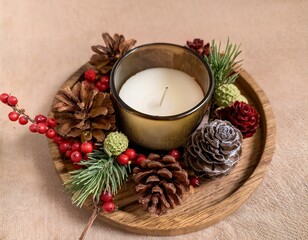 Christmas candle creating cozy festive atmosphere on wooden tray
