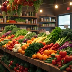 Vegetable farmer market counter: colorful various fresh organic healthy vegetables at grocery store
