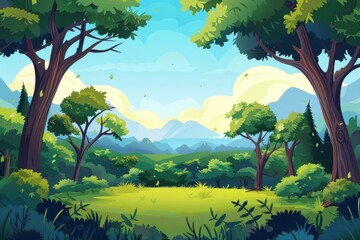 Lush Green Forest Landscape with Mountains in the Background