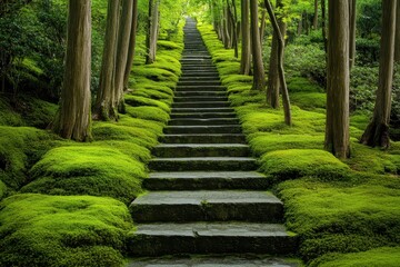 Obraz premium Serene Mossy Stone Steps Leading Upward Through a Lush Green Forest - Tranquil Nature Scene