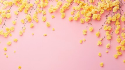 Flowers composition of yellow mimosa. Mimosa flowers on pastel pink background. Flat lay, top view, copy space 
