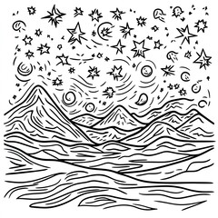 Fototapeta premium Simple Starry Night Mountain Coloring Page for Kids: Easy Fun Night Sky Illustration