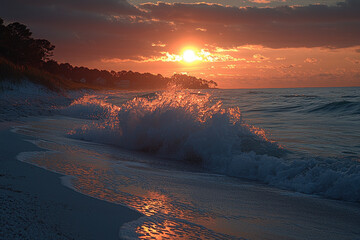 Naklejka premium Golden sunrise over ocean waves crashing on sandy beach.