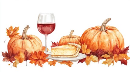 Autumnal Thanksgiving Feast: Pumpkin Pie, Wine and Fall Leaves