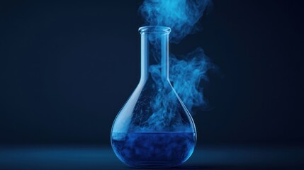 Laboratory flask with a blue liquid and swirling smoke.