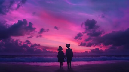 Fototapeta premium anime love romantic walk by beach at dusk with soft waves