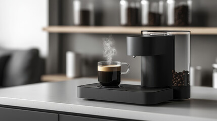 Modern black coffee maker brewing fresh hot espresso on kitchen counter