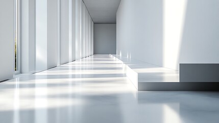 Obraz premium Minimalist white hallway with sunlight and steps.