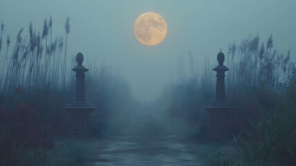 Fototapeta premium Misty path with moonlit columns and tall grasses.
