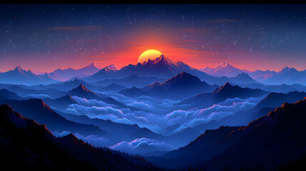 Majestic sunset over a vast mountain range with clouds and stars.