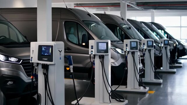 Electric delivery vans charging at modern ev stations in urban garage