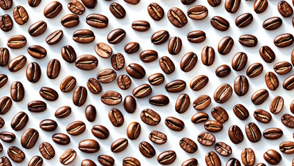 Obraz premium Many roasted coffee beans scattered on a white background; perfect for coffee shop menus, food blogs, or caffeine-themed designs