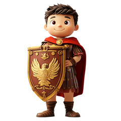 A cartoon character dressed as a Roman soldier, holding a shield and wearing a cape.