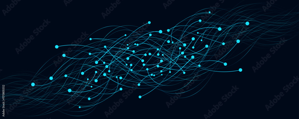 Poster hi-tech neural connectors analyze big data in neural network. connected blue lines into cyberspace. 