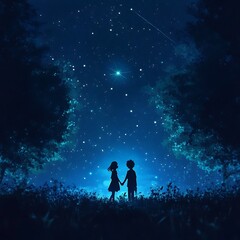 anime love couple under moonlight holding hands with sparkling stars