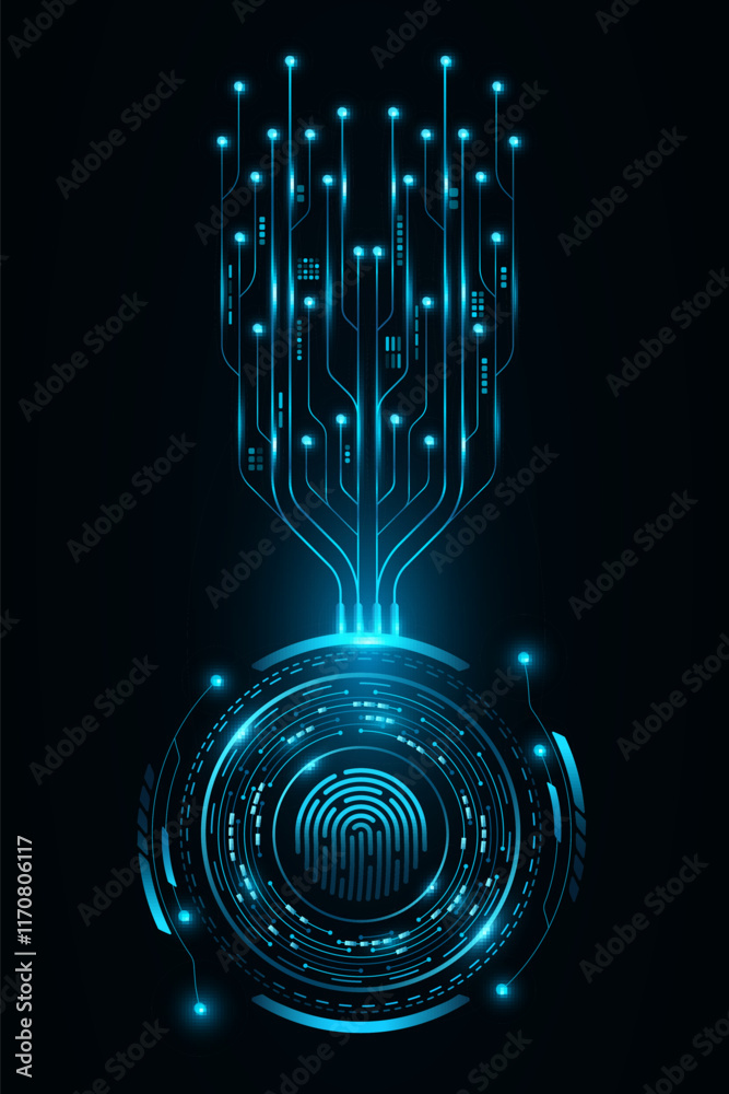 Poster fingerprint scan with futuristic hud circle. glowing computer circuit board with electronics details