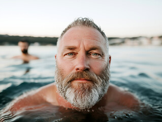 Elderly man with a beard swimming in a serene lake, captured at golden hour with a tranquil expression
