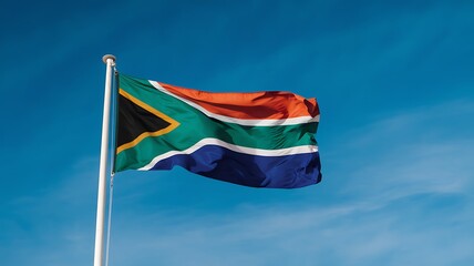 South African flag waving against a clear blue sky on a sunny day