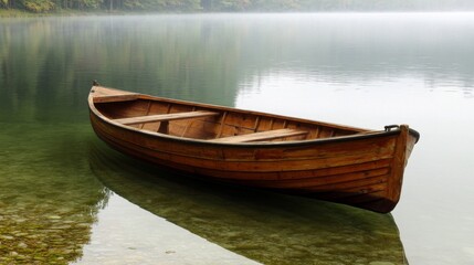 Wooden Rowboat on a Misty Lake - Tranquil Morning Scene