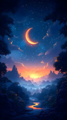 Naklejka premium Magical sunset over misty mountains and river, crescent moon in night sky.