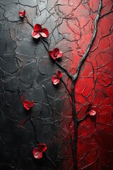 Painting of a tree with red flowers on it