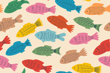 Colorful seamless pattern of hand drawn fish. Scandinavian design on a beige craft background. Chaotic movement of ocean fish. Children's vector illustration