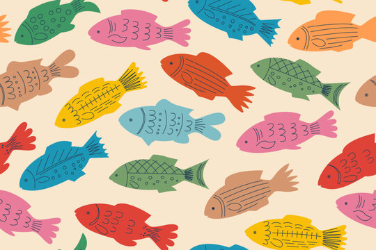 Fototapeta Colorful seamless pattern of hand drawn fish. Scandinavian design on a beige craft background. Chaotic movement of ocean fish. Children's vector illustration