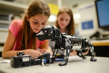 Children engage in robotics activity with robotic dog at a tech workshop
