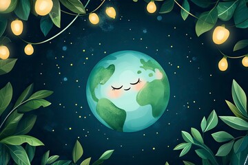 Naklejka premium Frame illustration of cute earth hour turn off the lights for template background or copy space 