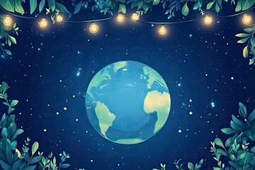 Frame illustration of cute earth hour turn off the lights for template background or copy space 
