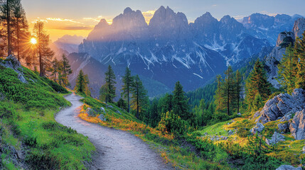 Obraz premium Winding path through alpine meadow at sunset with majestic mountain peaks.