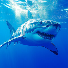 great white shark swims in the depths of the ocean