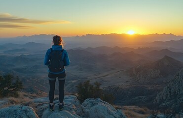 Fototapeta premium Woman Backpacker Views Sunset Over Mountain Range