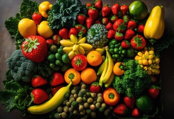 vibrant flat lay arrangement fresh fruits vegetables colorful display diversity shapes textures, angular, berries, bananas, environment, figs, geometric