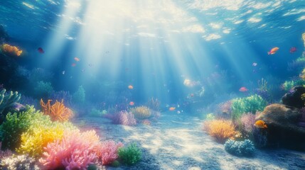 Obraz premium Stunning Underwater Coral Reef Ecosystem with Sunlight