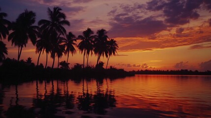 Fototapeta premium Sunset over a Tropical River with Palm Trees