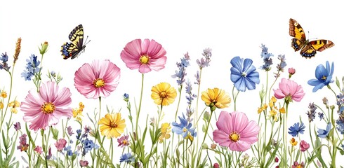 Watercolor Wildflower Meadow With Butterflies