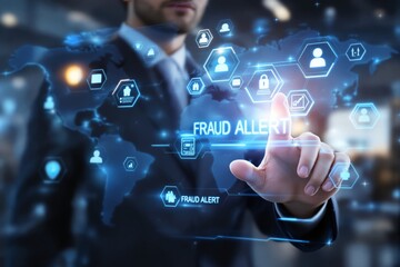 Businessman interacts with digital fraud alert interface, holographic icons on glowing background, technology concept. Ai generative