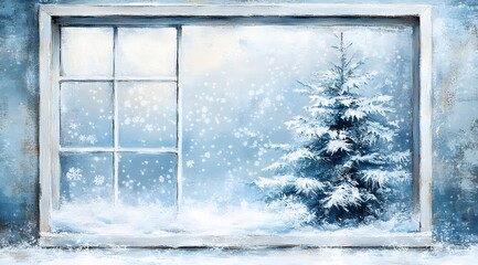 Winter Window View Showing Snowy Tree And Falling Snowflakes