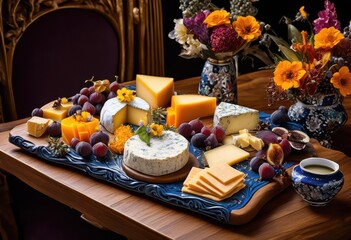 Naklejka premium colorful delectable cheese arrangement featuring assorted toppings textures lavish entertaining culinary delight, appetizer, artisan, board, brie, brunch