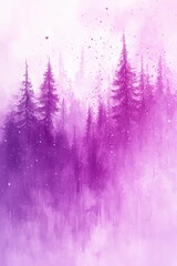 Painting of a forest with purple trees and a pink sky
