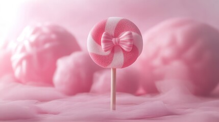 Pink swirl lollipop with bow on a stick, surrounded by soft pink cotton candy.